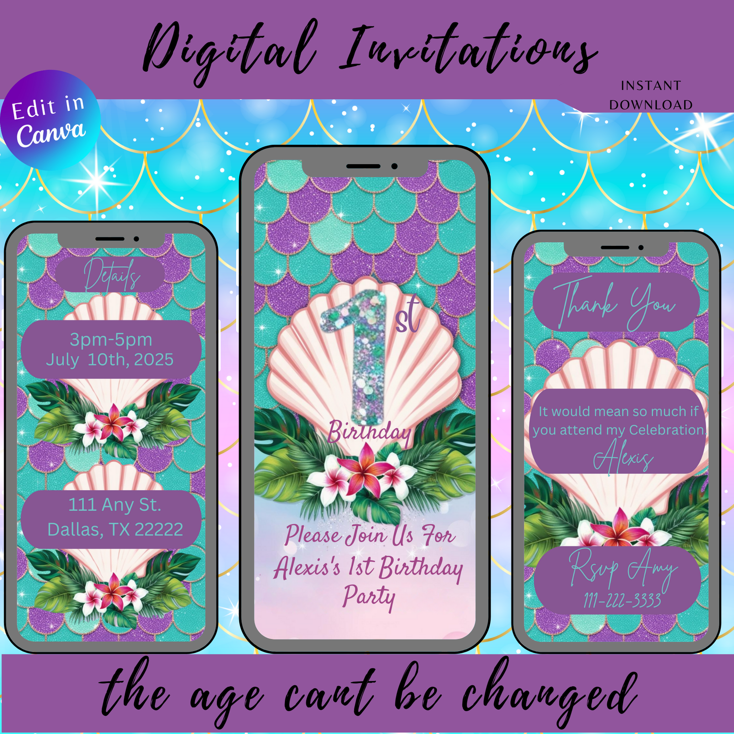 1st Birthday Mermaid Themed Invitation