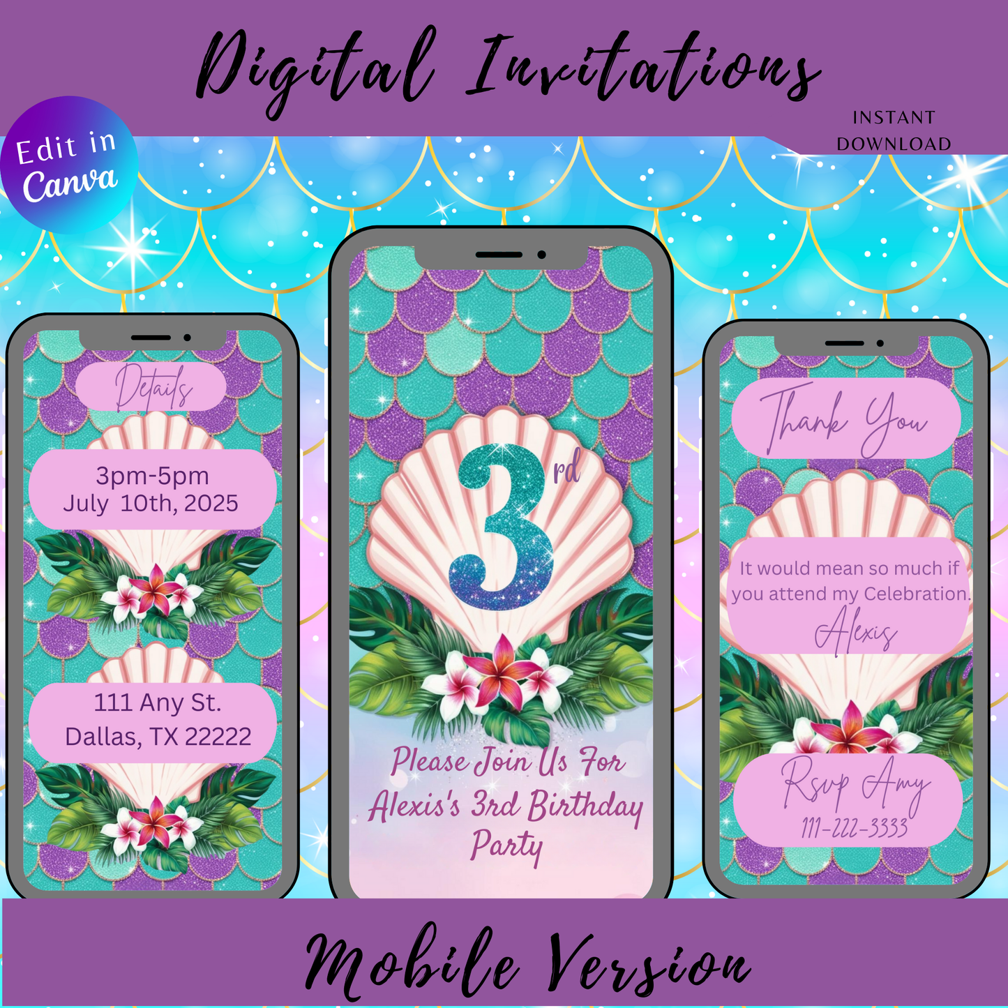 3rd Birthday Mermaid Themed Invitation