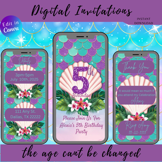 5th Birthday Mermaid Themed Invitation