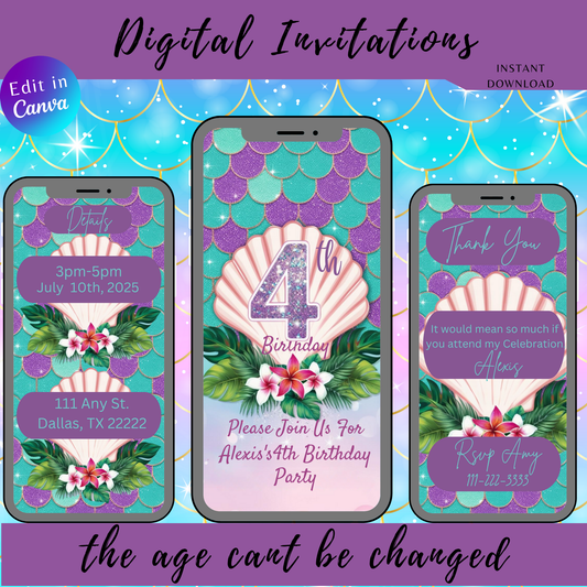 4th Birthday Mermaid Themed Invitation