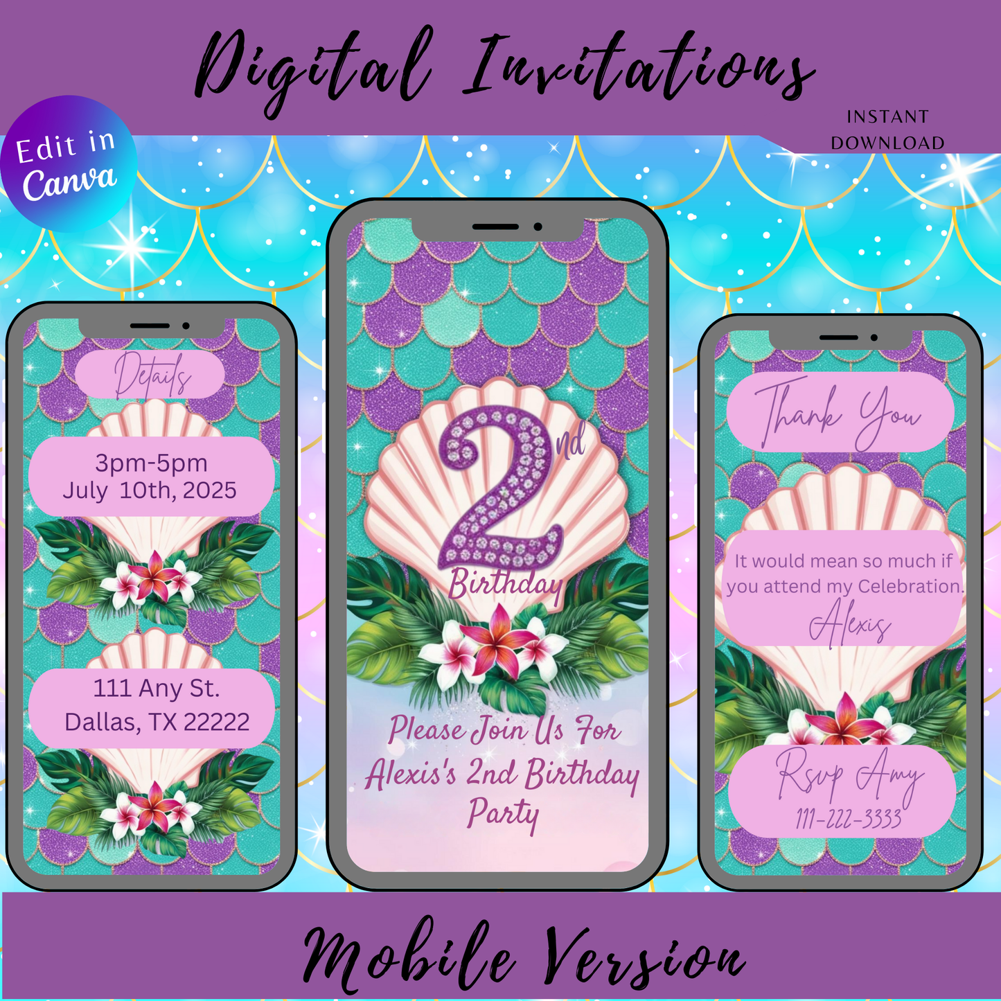 2nd Birthday Mermaid Themed Invitation