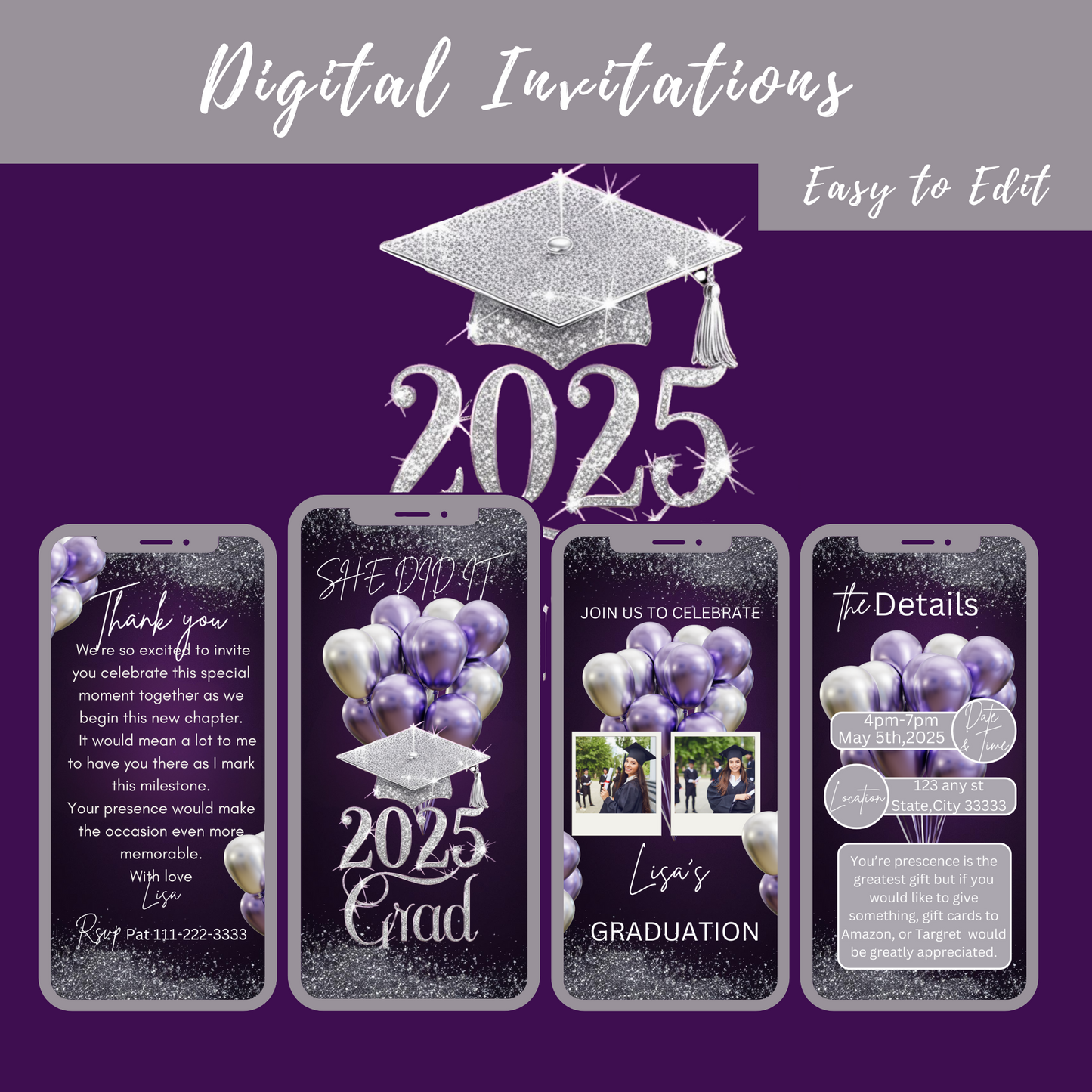 2025 GRAD-PURPLE & SILVER DIGITAL INVITATION