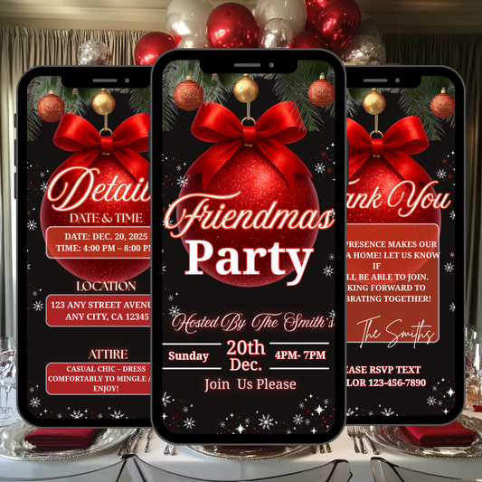 Personalized Friendsmas Red Invitation, Holiday White Blue Red Christmas Dinner Invite Digital Ornament, Editable Custom Animated Template-516