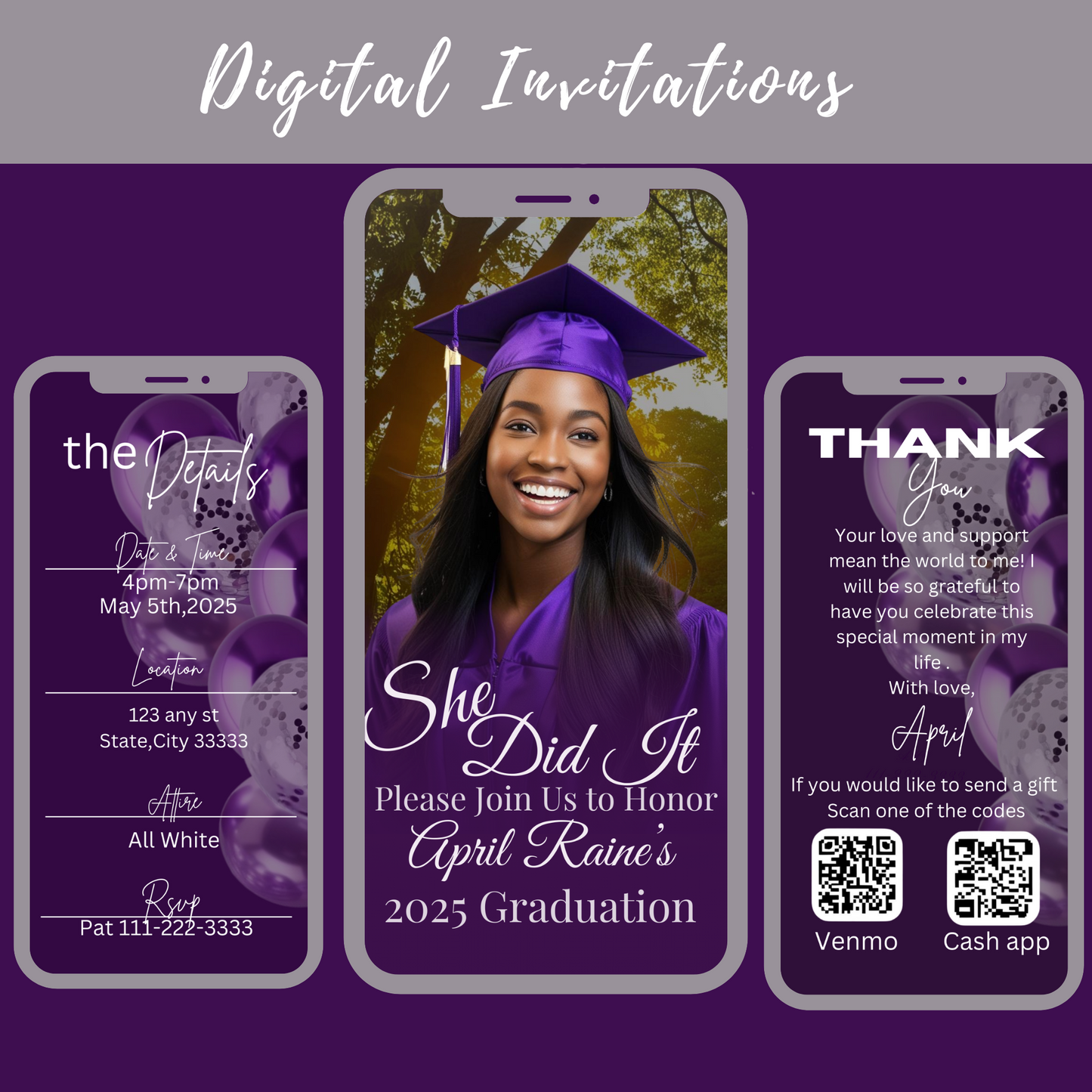 Purple and Silver Graduation Invite(100% editable)#304