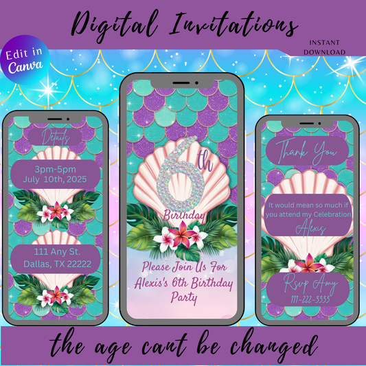 6th Birthday Mermaid Themed Invitation