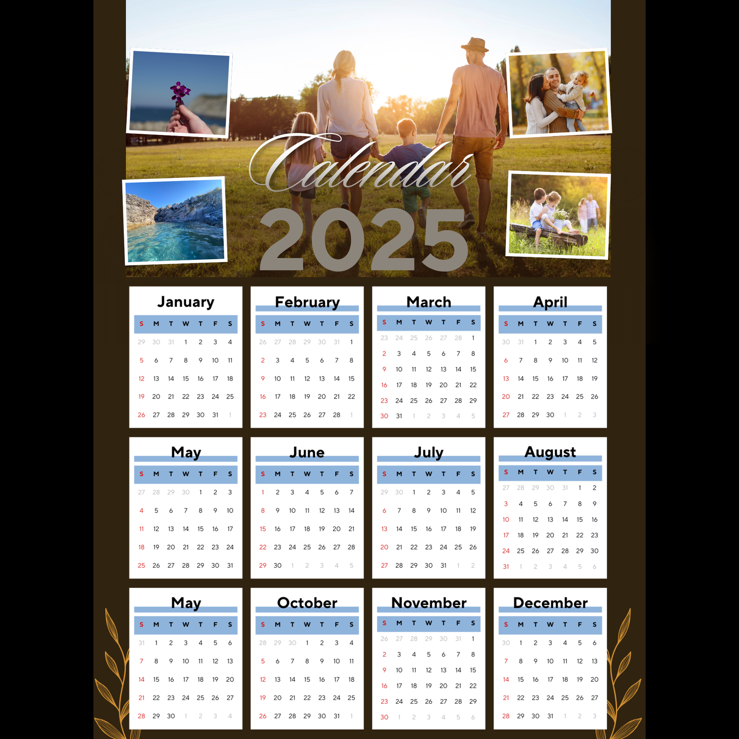 Us Letterhead size(8.5x11) Digital Personalized Printable Calender