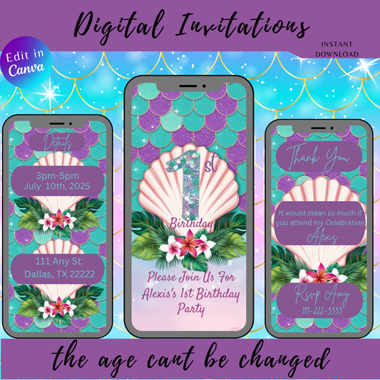 1st Birthday Mermaid Themed Invitation