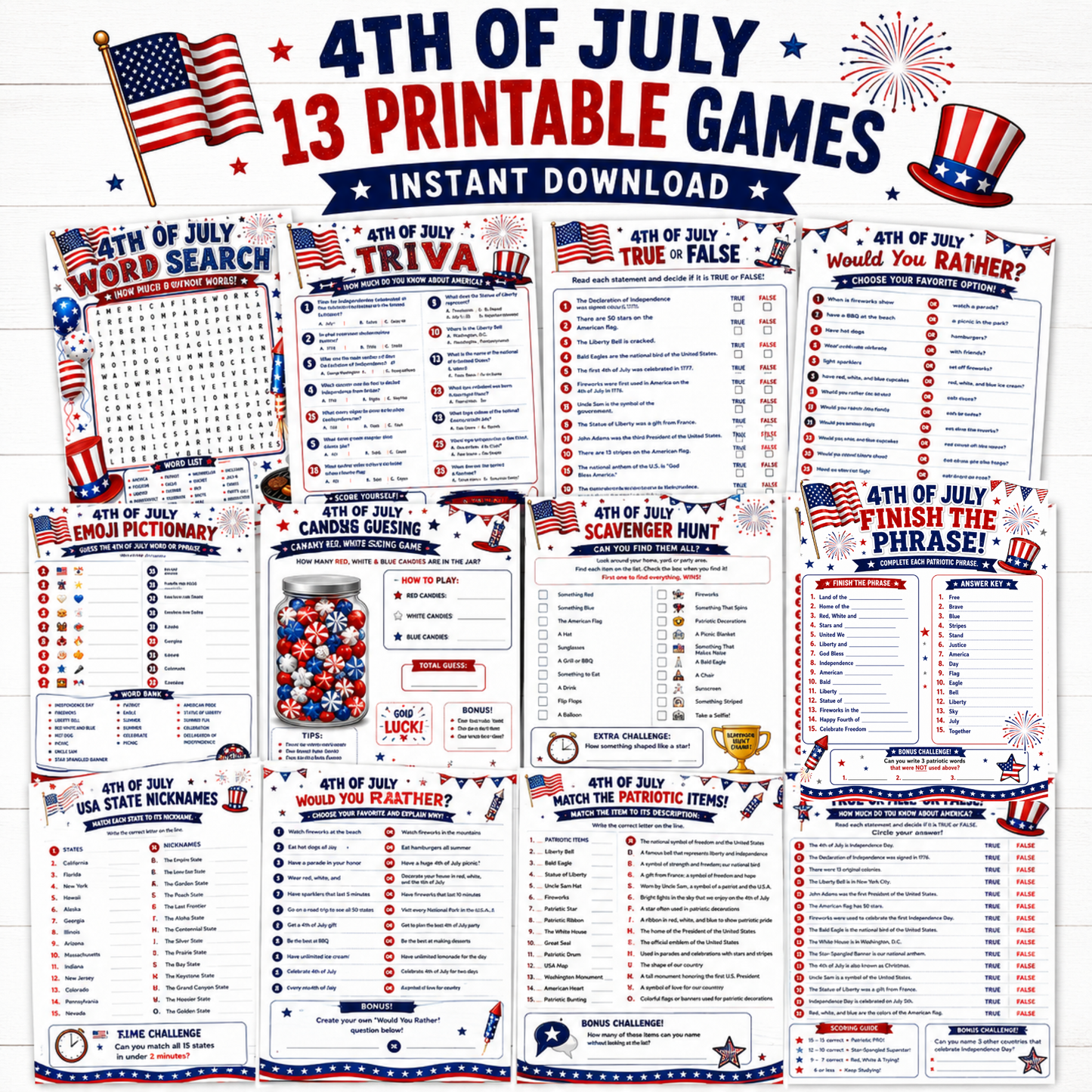 Printable 4th of July Party Games Bundle | Printable Independence Day Games | Instant Download | Family BBQ Activities |Family Reunion