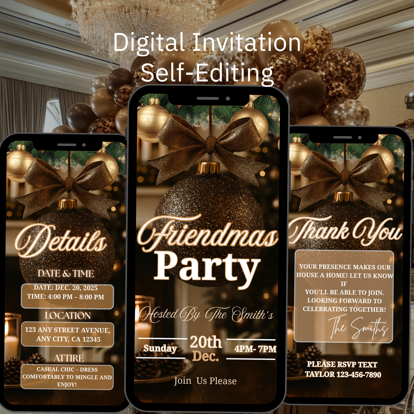 Personalized Friendsmas Red Invitation, Holiday White Christmas Dinner Invite Digital Ornament, Editable Custom Animated Template-518