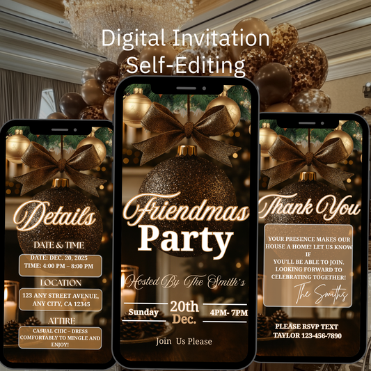 Personalized Friendsmas Red Invitation, Holiday White Christmas Dinner Invite Digital Ornament, Editable Custom Animated Template-518