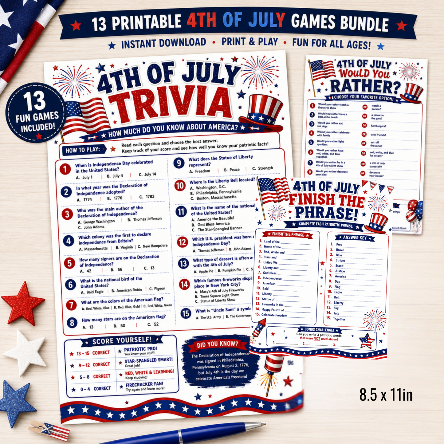 Printable 4th of July Party Games Bundle | Printable Independence Day Games | Instant Download | Family BBQ Activities |Family Reunion