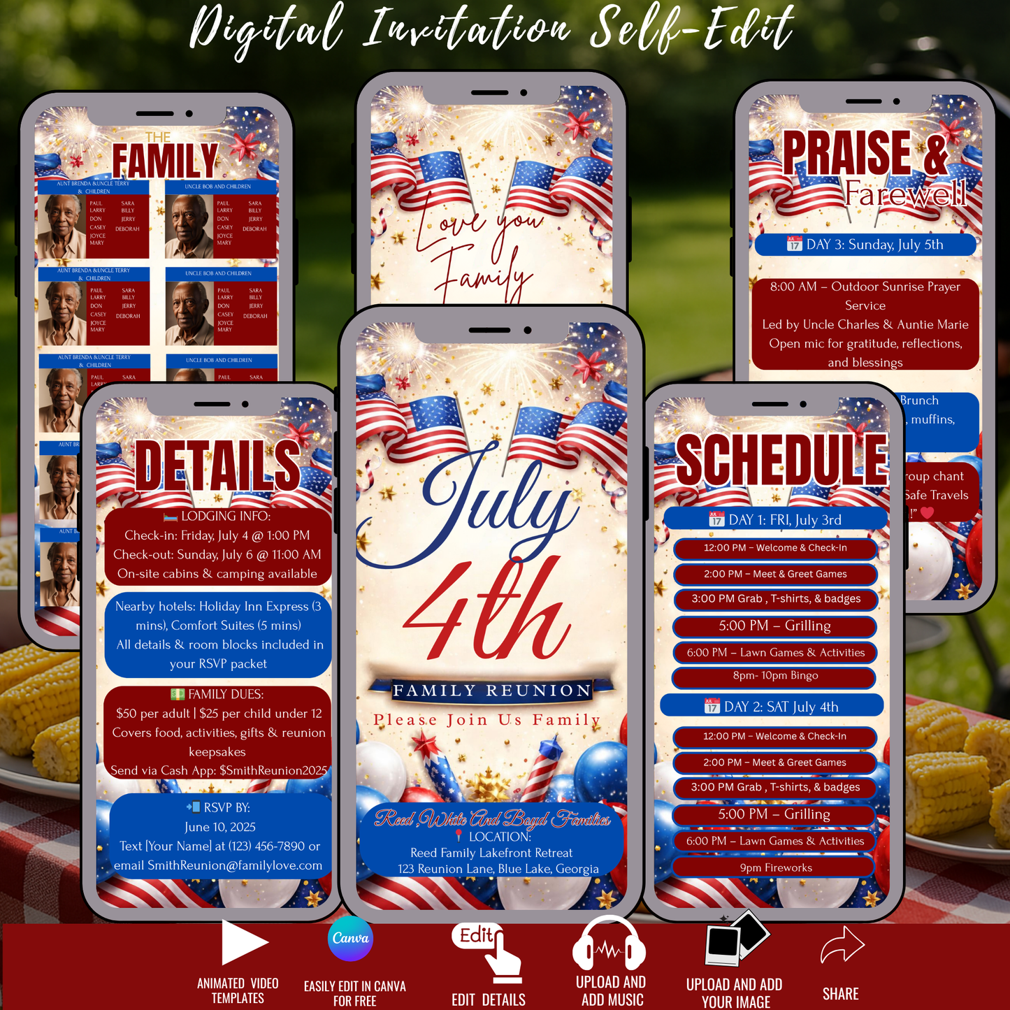 4th of July Family Itinerary Invitation- Instant Download
