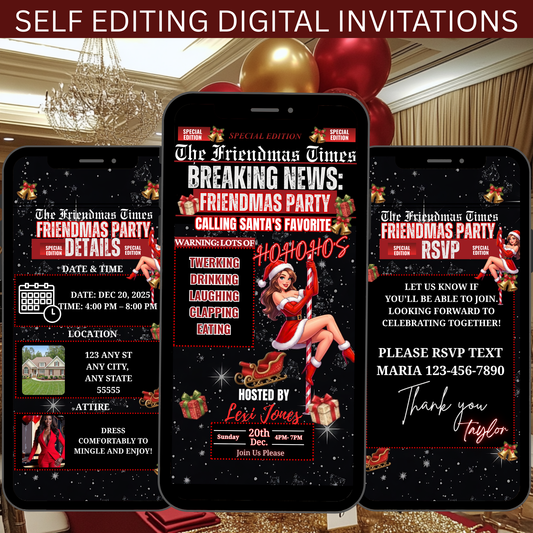 Personalized Friendsmas Red Invitation, Holiday White Blue Red Christmas Dinner Invite Digital Ornament, Editable Custom Animated Template-528