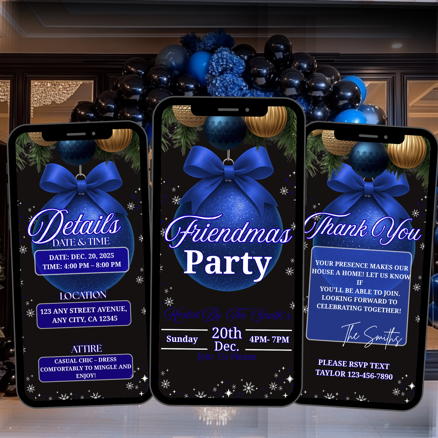 Personalized Friendsmas Blue Invitation, Holiday White Christmas Dinner Invite Digital Ornament, Editable Custom Animated Template-517