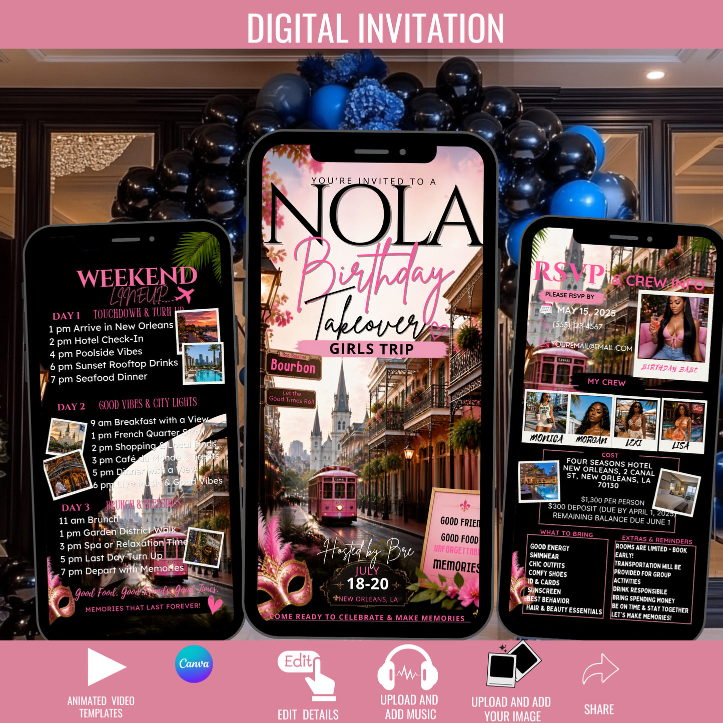 New Orleans Trip Intinerary Invitation Digital Video Template  -Instant Download