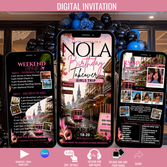 New Orleans Trip Intinerary Invitation Digital Video Template  -Instant Download