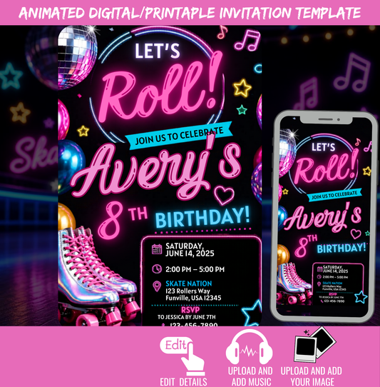 Skating Invitation Animated Template - Instant Download Canva