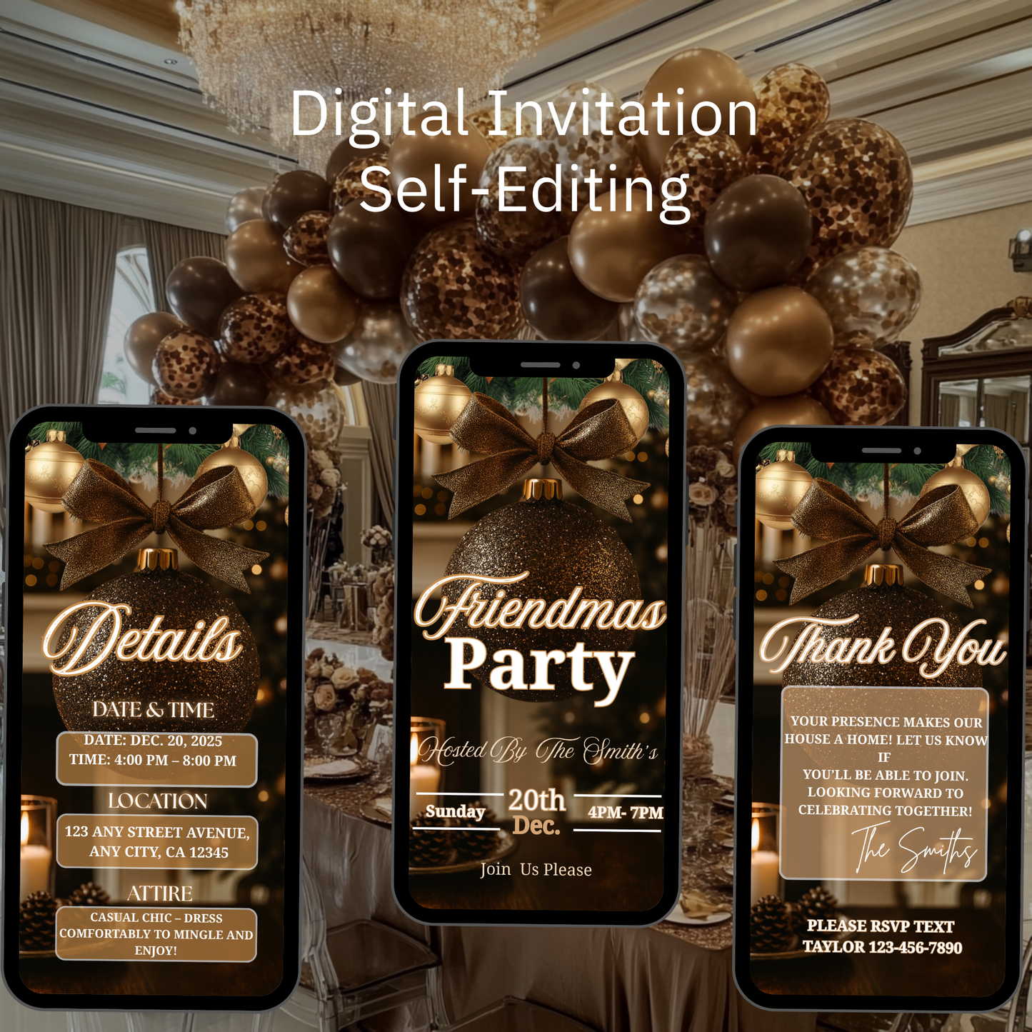 Personalized Friendsmas Red Invitation, Holiday White Christmas Dinner Invite Digital Ornament, Editable Custom Animated Template-518