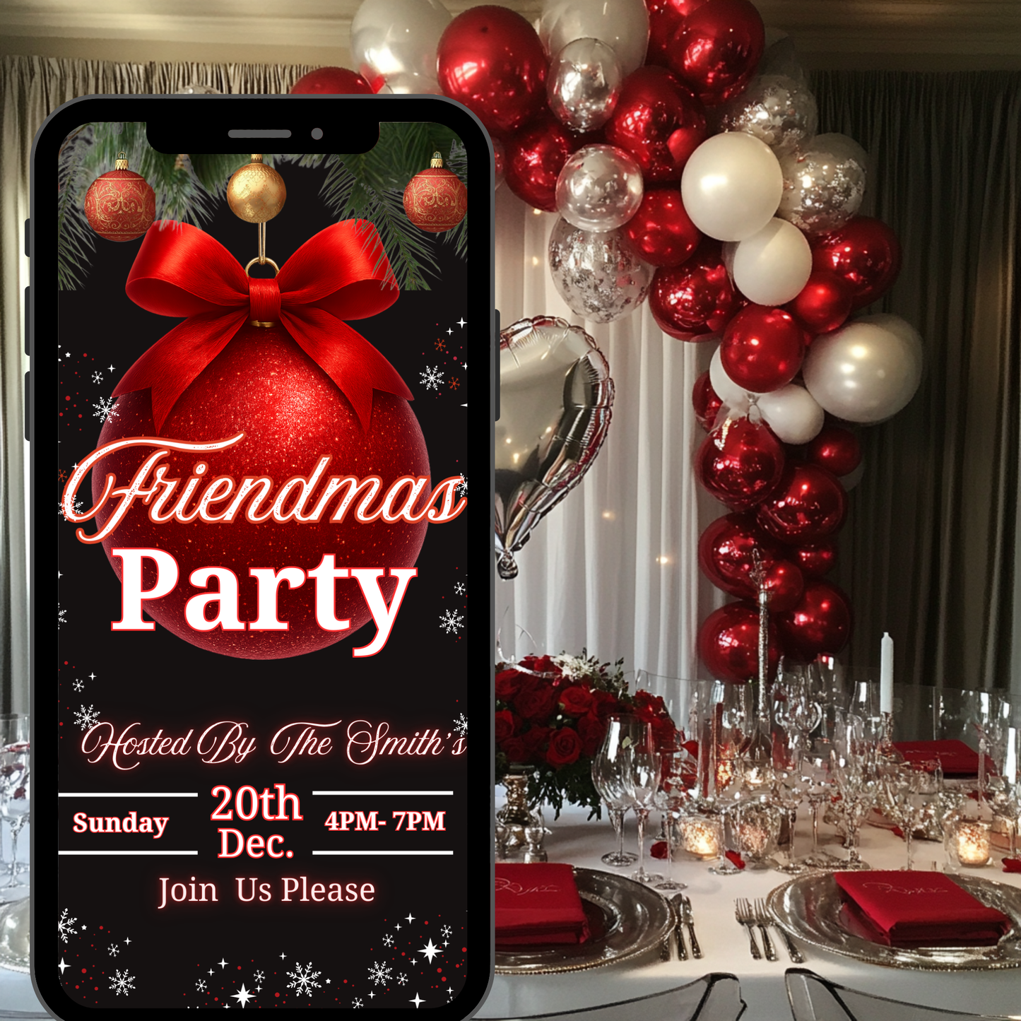 Personalized Friendsmas Red Invitation, Holiday White Blue Red Christmas Dinner Invite Digital Ornament, Editable Custom Animated Template-516