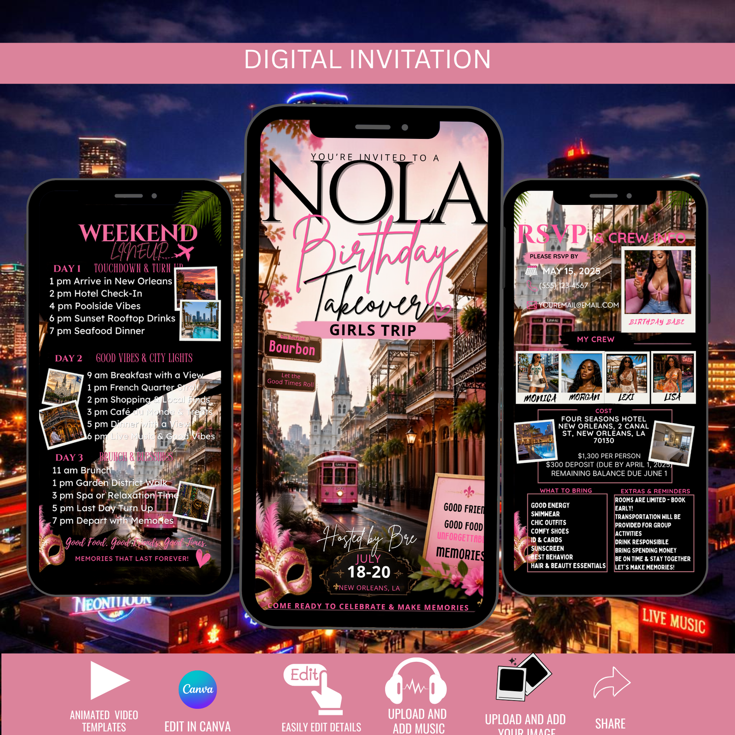 New Orleans Trip Intinerary Invitation Digital Video Template  -Instant Download