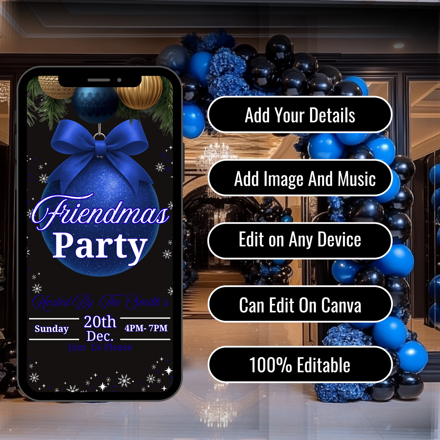 Personalized Friendsmas Blue Invitation, Holiday White Christmas Dinner Invite Digital Ornament, Editable Custom Animated Template-517