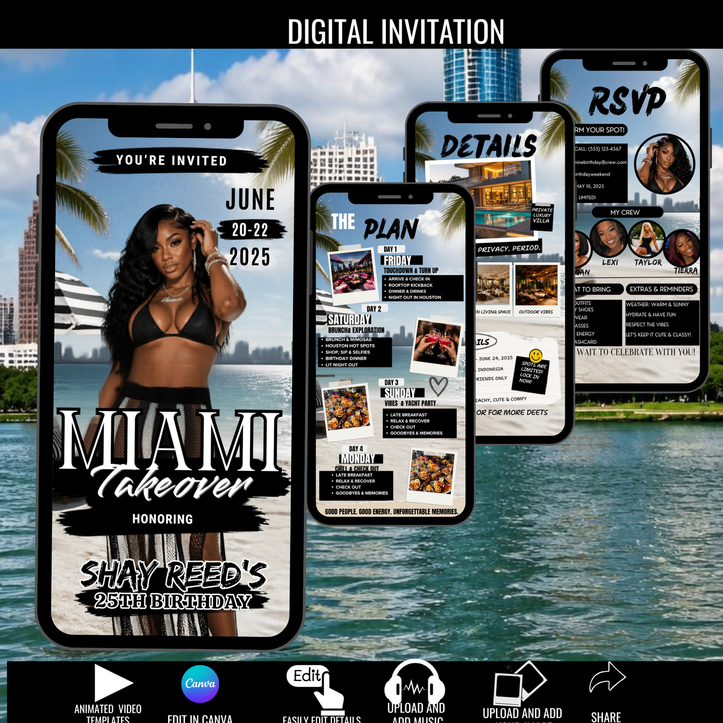 Miami Trip Intinerary Invitation Digital Video Template  -Instant Download