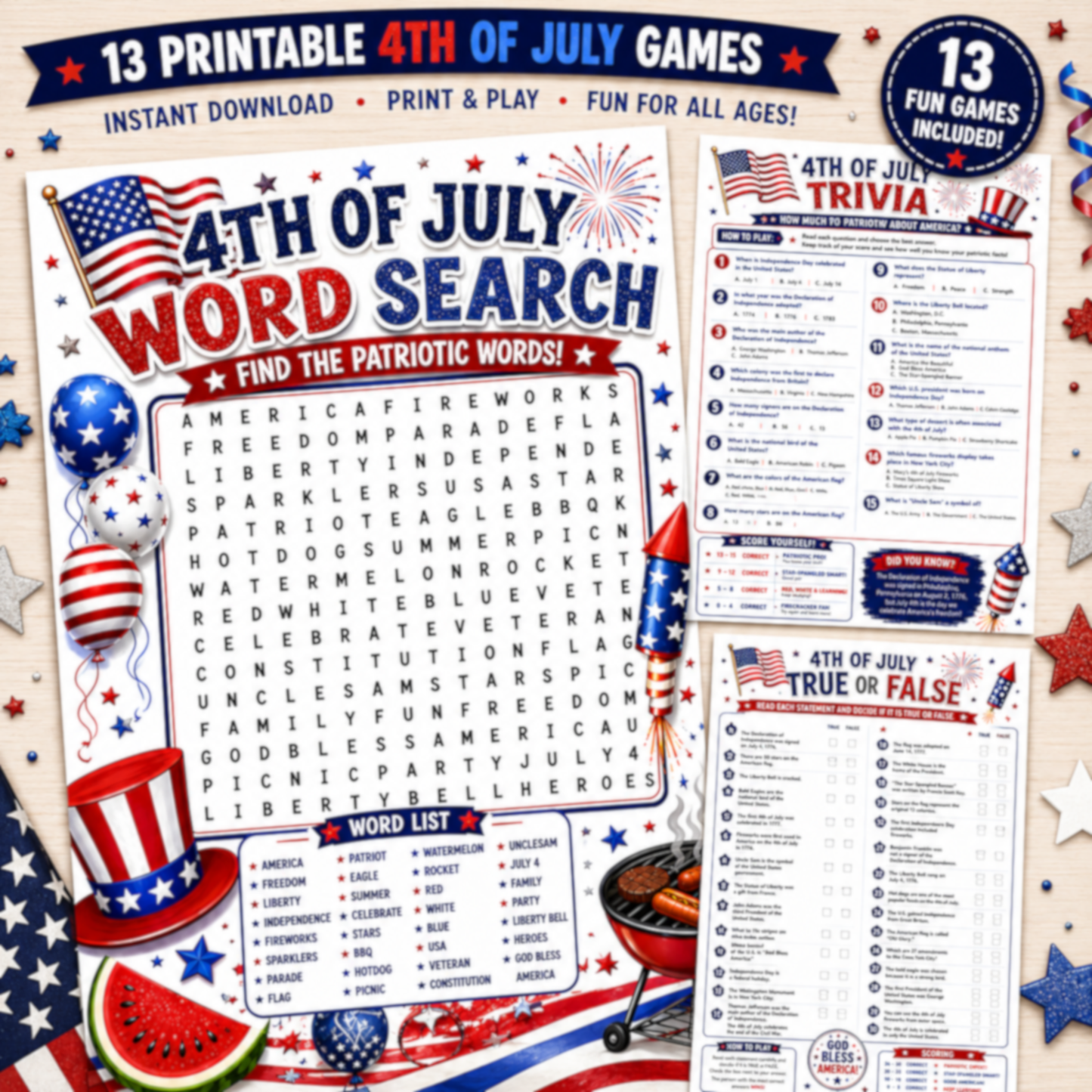 Printable 4th of July Party Games Bundle | Printable Independence Day Games | Instant Download | Family BBQ Activities |Family Reunion