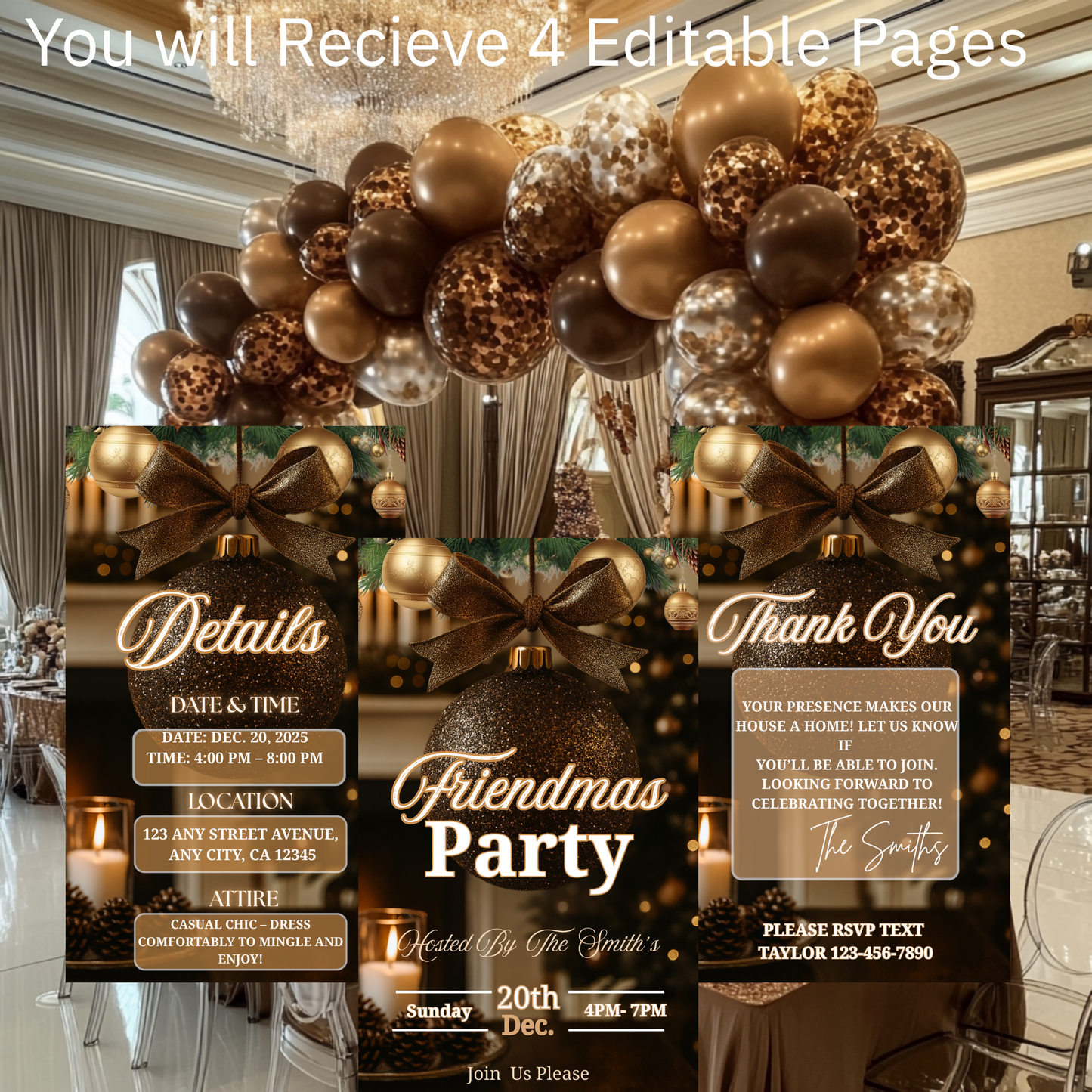 Personalized Friendsmas Red Invitation, Holiday White Christmas Dinner Invite Digital Ornament, Editable Custom Animated Template-518