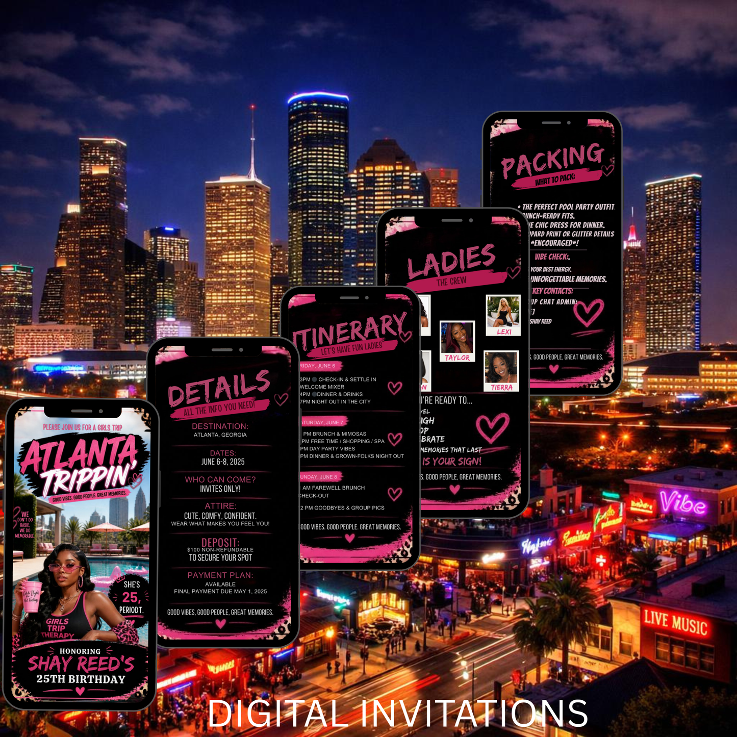 Atlanta Trip Invitation  Itinerary Video Template - Instant Download Canva Birthday Girls Trip Invite