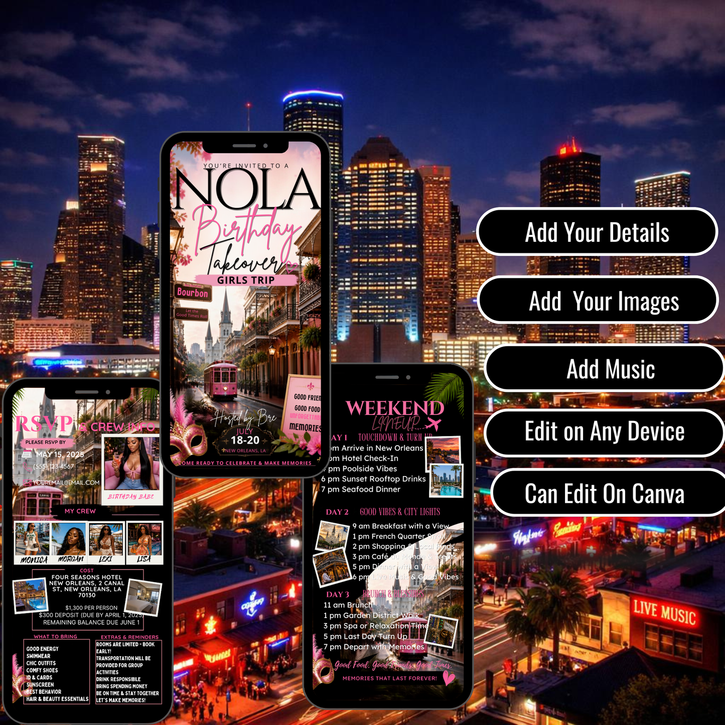 New Orleans Trip Intinerary Invitation Digital Video Template  -Instant Download