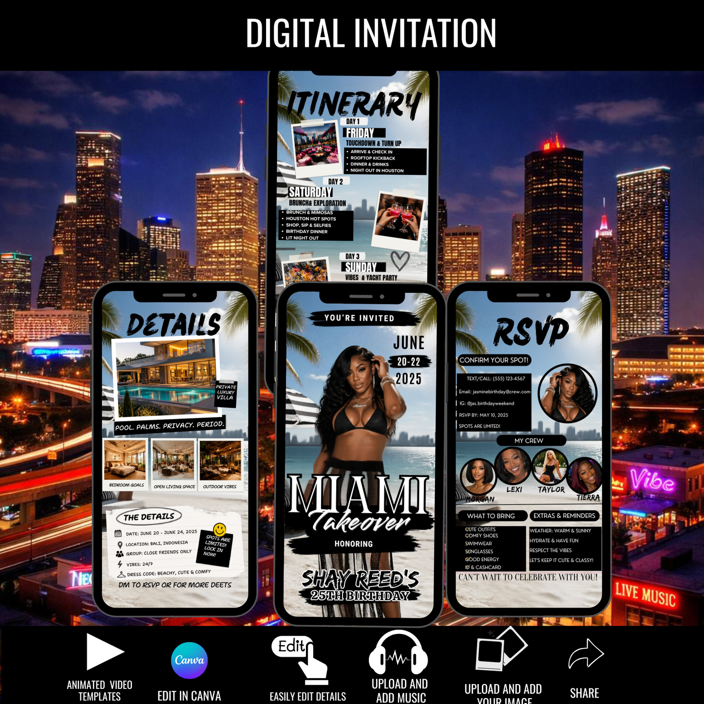 Miami Trip Intinerary Invitation Digital Video Template  -Instant Download