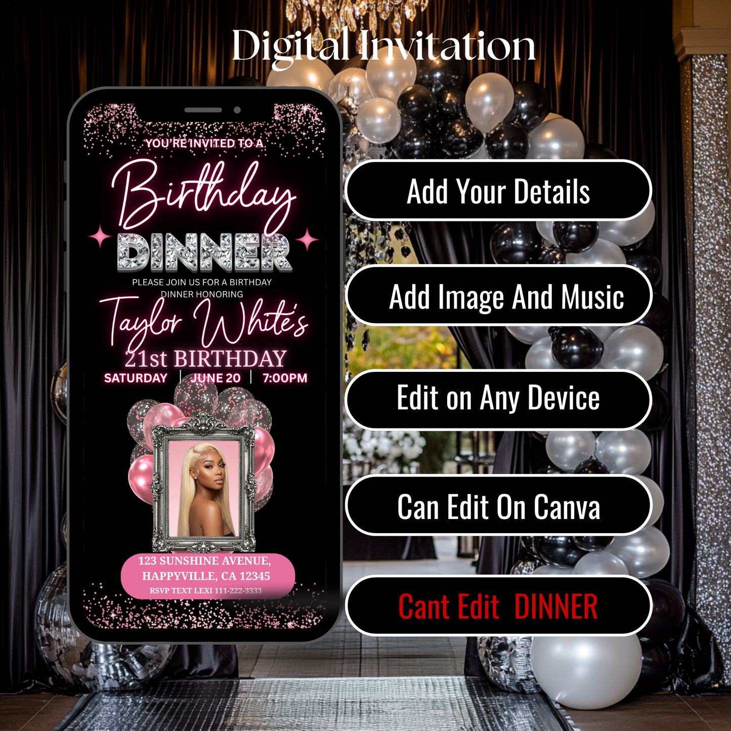 BIRTHDAY DINNER INVITE TEMPLATE - INSTANT DOWNLOAD