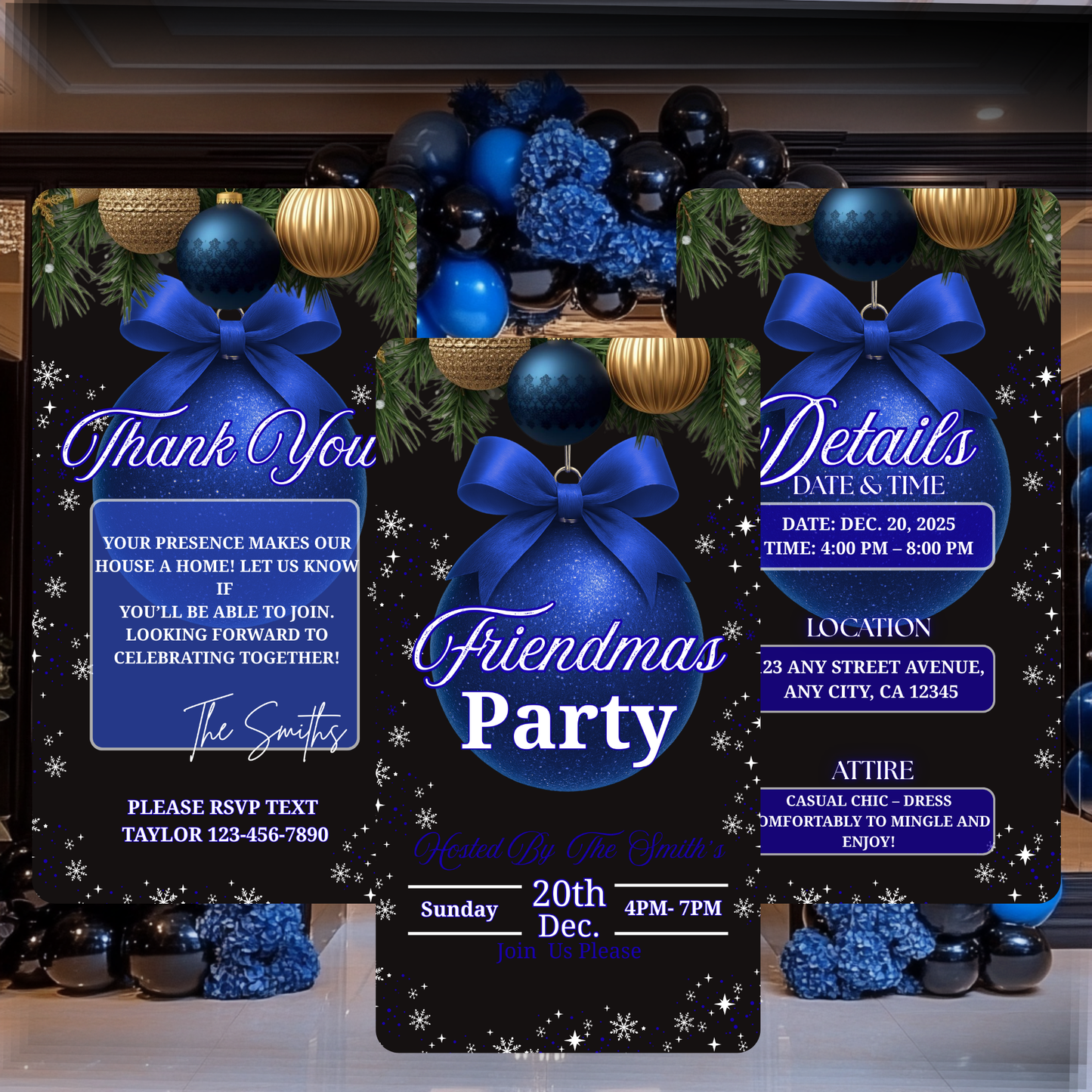 Personalized Friendsmas Blue Invitation, Holiday White Christmas Dinner Invite Digital Ornament, Editable Custom Animated Template-517