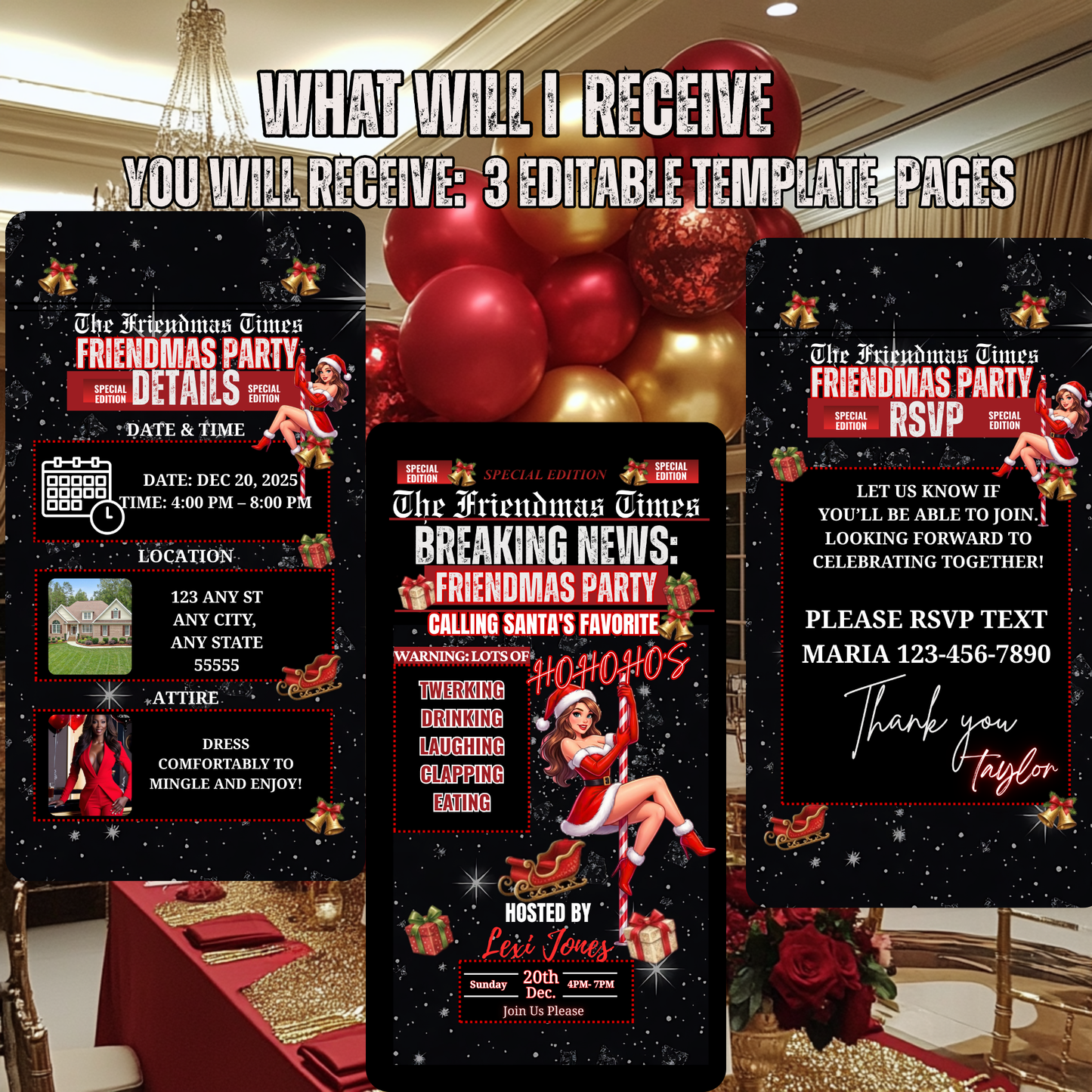 Personalized Friendsmas Red Invitation, Holiday White Blue Red Christmas Dinner Invite Digital Ornament, Editable Custom Animated Template-528