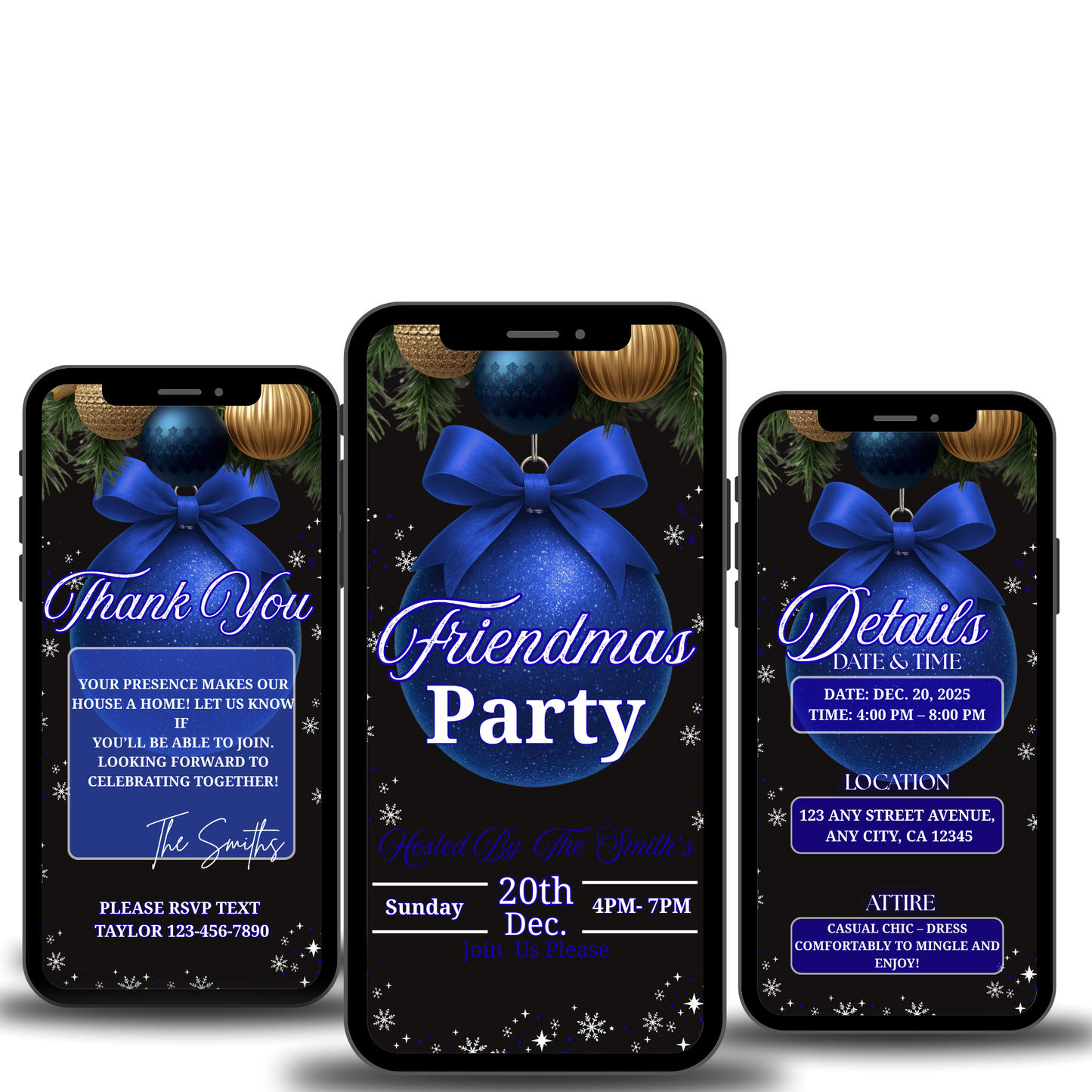 Personalized Friendsmas Blue Invitation, Holiday White Christmas Dinner Invite Digital Ornament, Editable Custom Animated Template-517