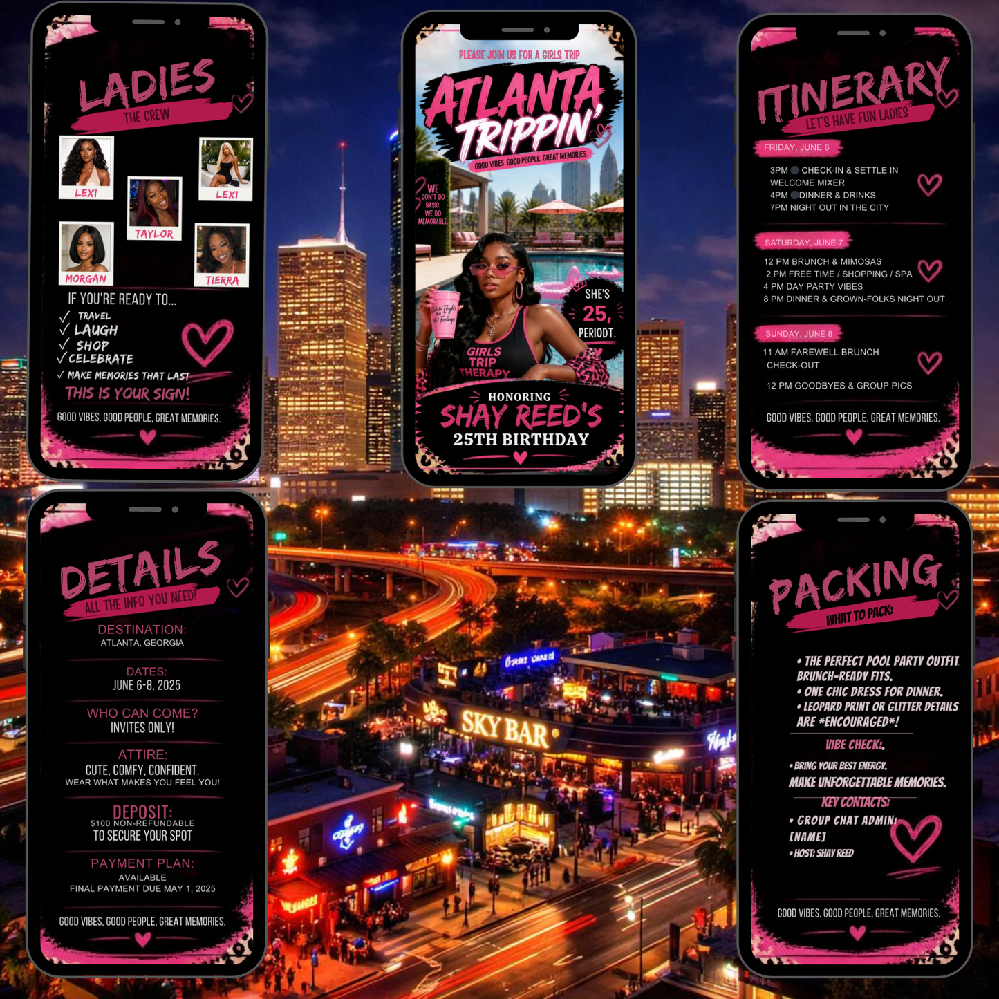 Atlanta Trip Invitation  Itinerary Video Template - Instant Download Canva Birthday Girls Trip Invite