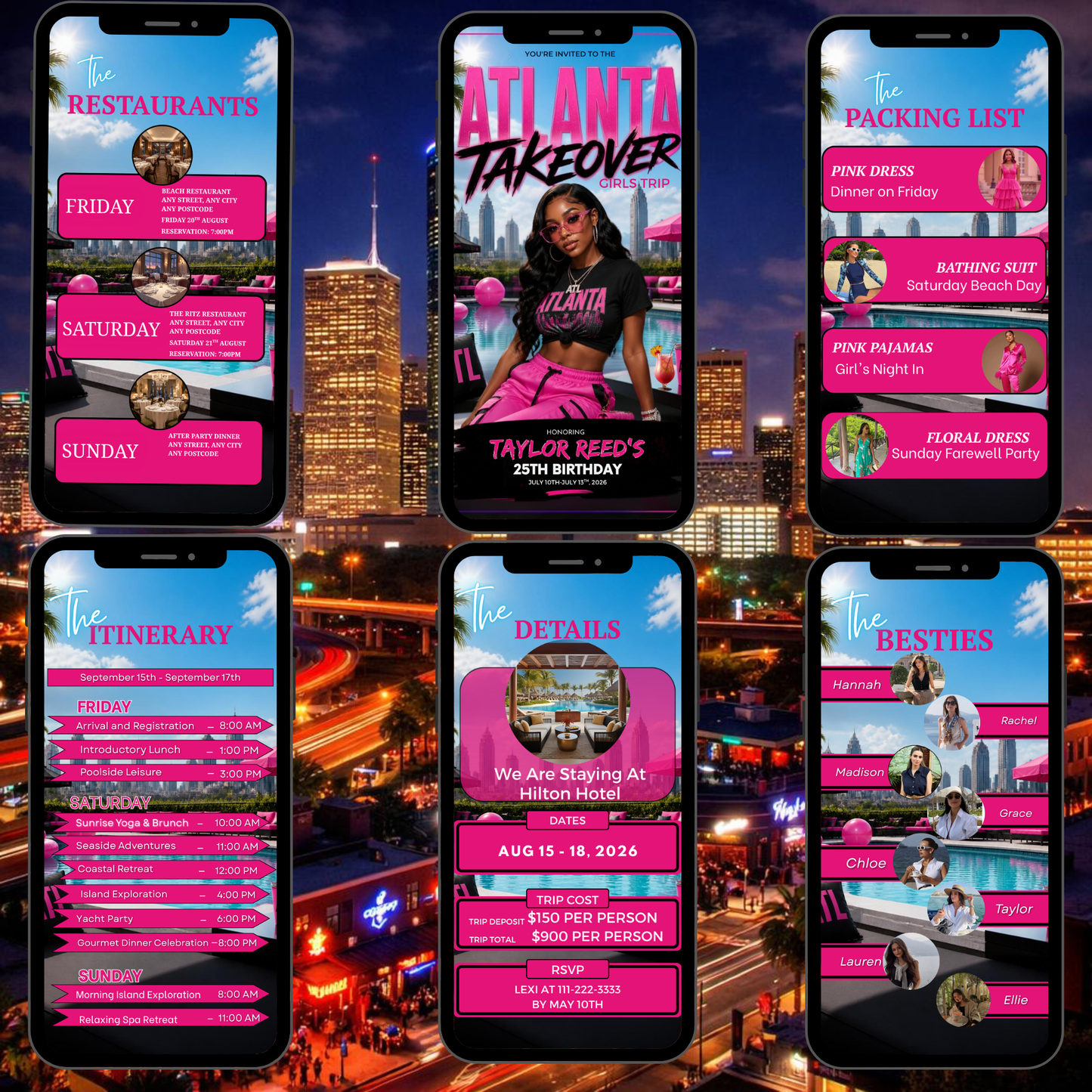 Atlanta Trip Invitation  Itinerary Video Template - Instant Download Canva Birthday Girls Trip Invite