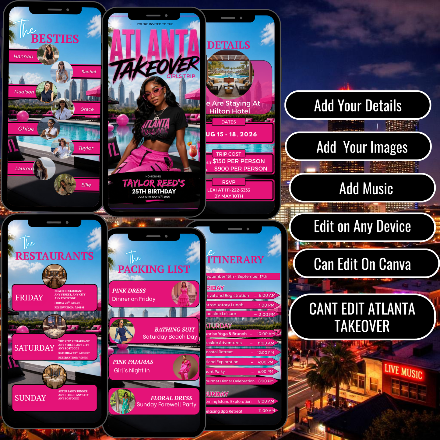 Atlanta Trip Invitation  Itinerary Video Template - Instant Download Canva Birthday Girls Trip Invite
