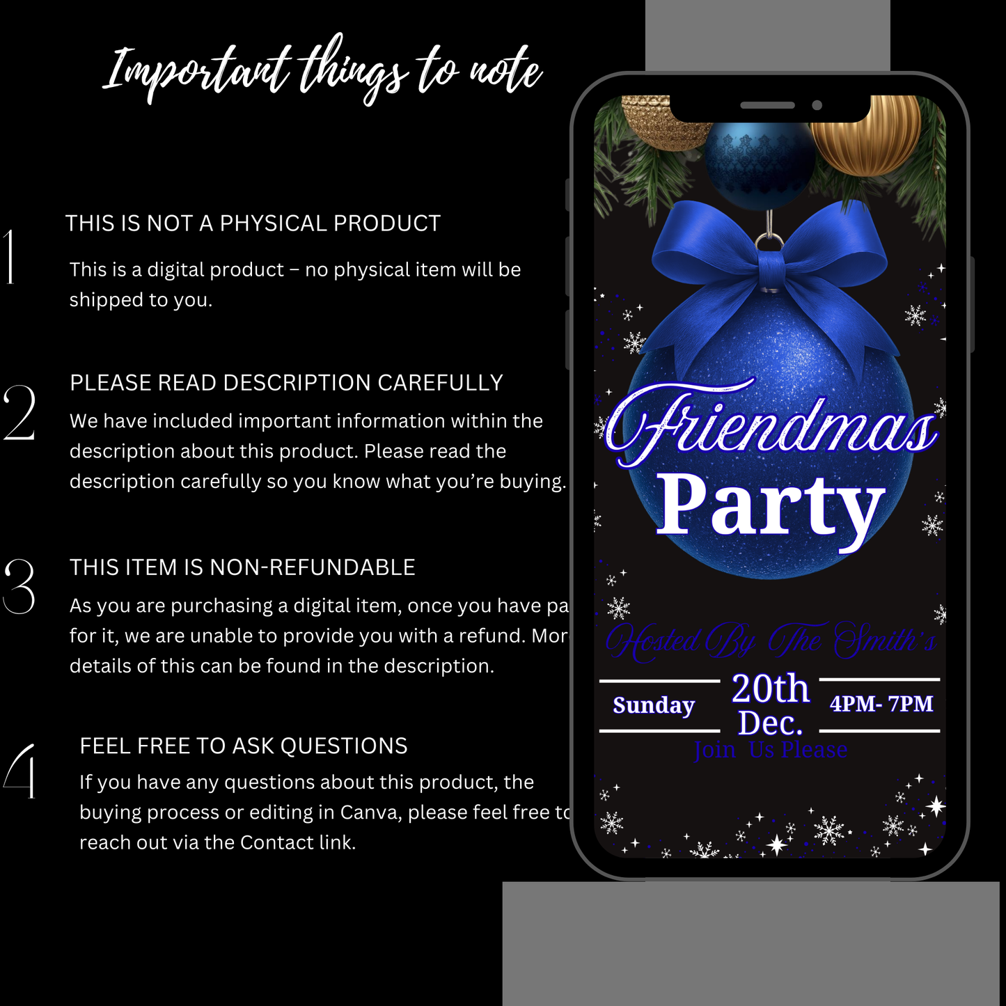 Personalized Friendsmas Blue Invitation, Holiday White Christmas Dinner Invite Digital Ornament, Editable Custom Animated Template-517