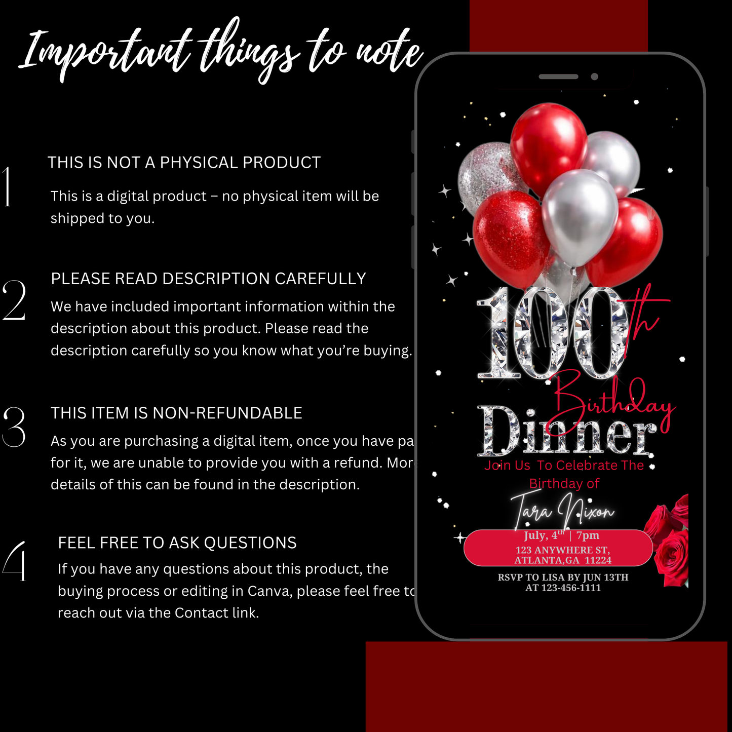 100th Birthday Digital Invitation -578