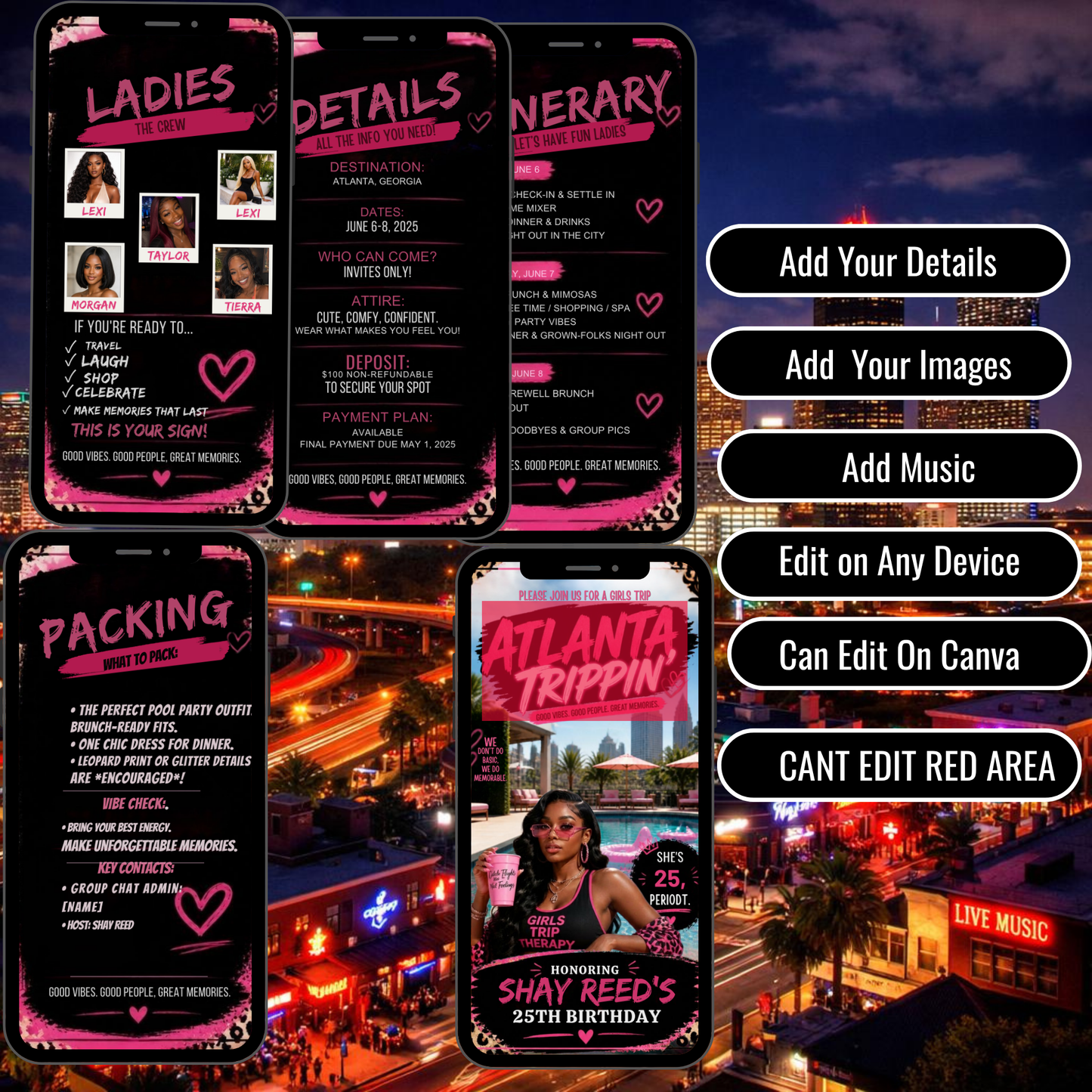 Atlanta Trip Invitation  Itinerary Video Template - Instant Download Canva Birthday Girls Trip Invite