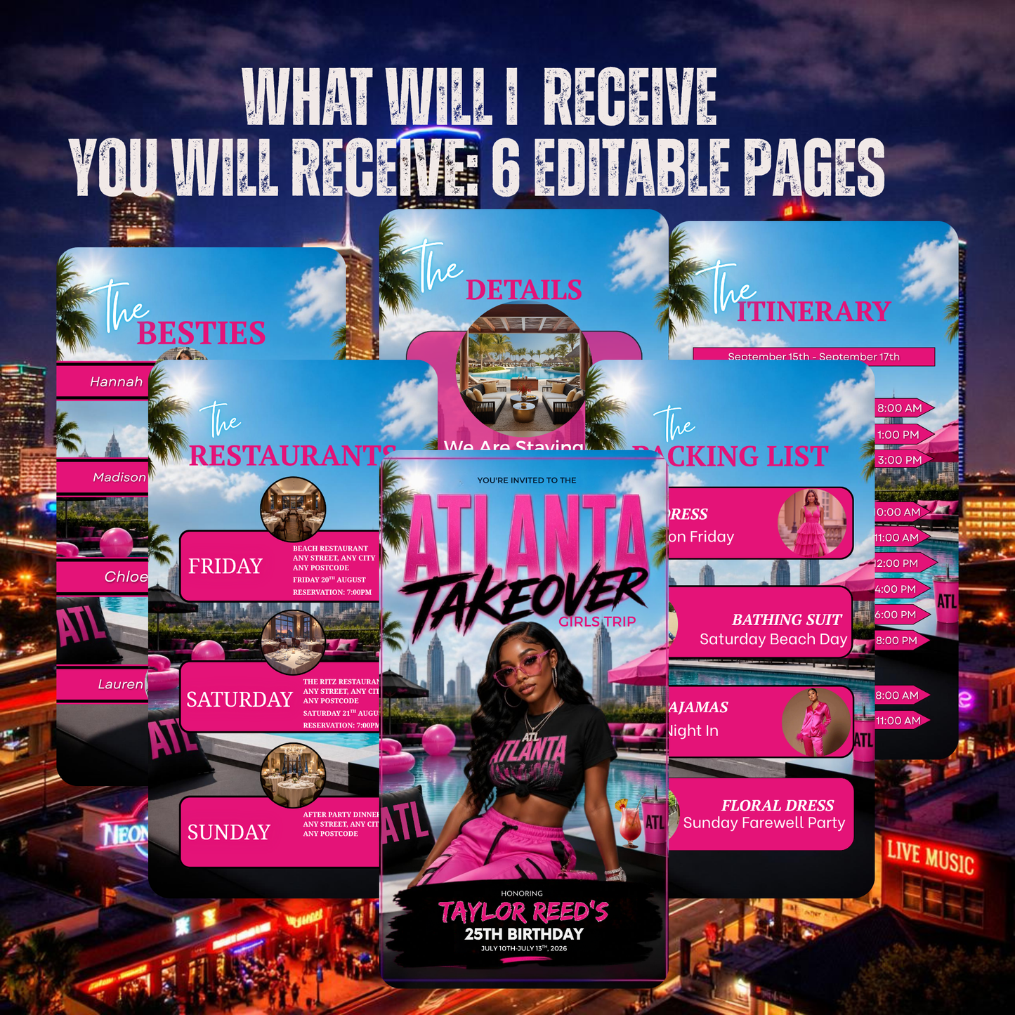 Atlanta Trip Invitation  Itinerary Video Template - Instant Download Canva Birthday Girls Trip Invite