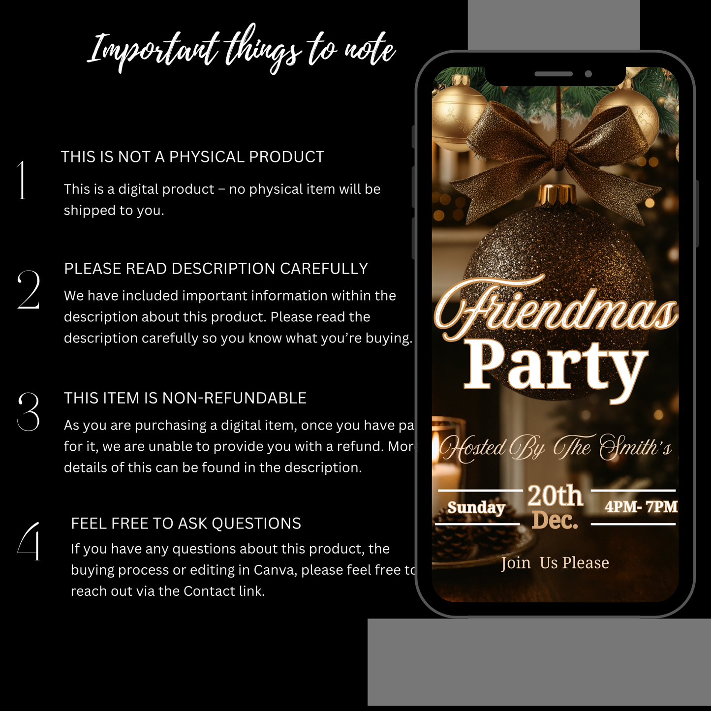 Personalized Friendsmas Red Invitation, Holiday White Christmas Dinner Invite Digital Ornament, Editable Custom Animated Template-518