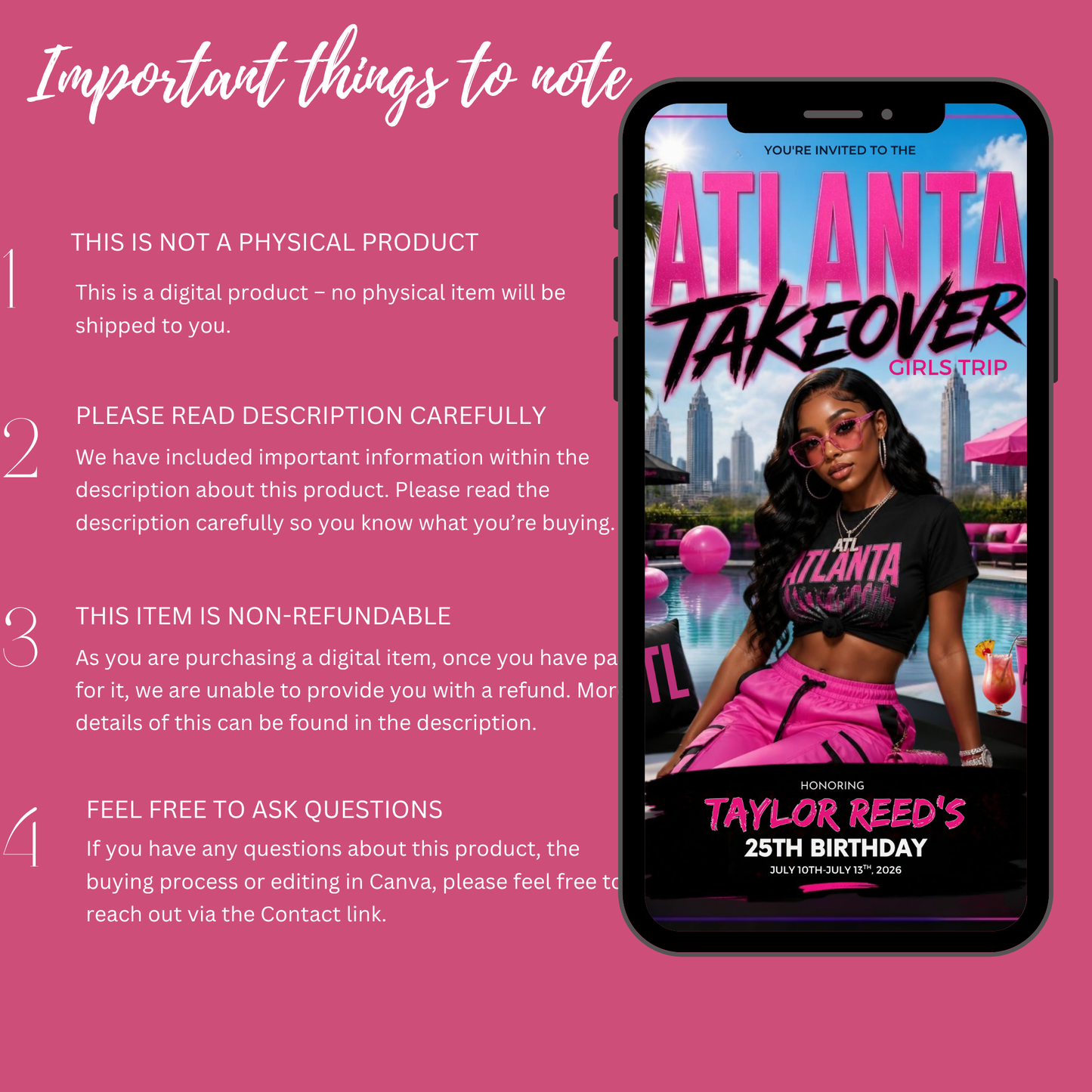 Atlanta Trip Invitation  Itinerary Video Template - Instant Download Canva Birthday Girls Trip Invite