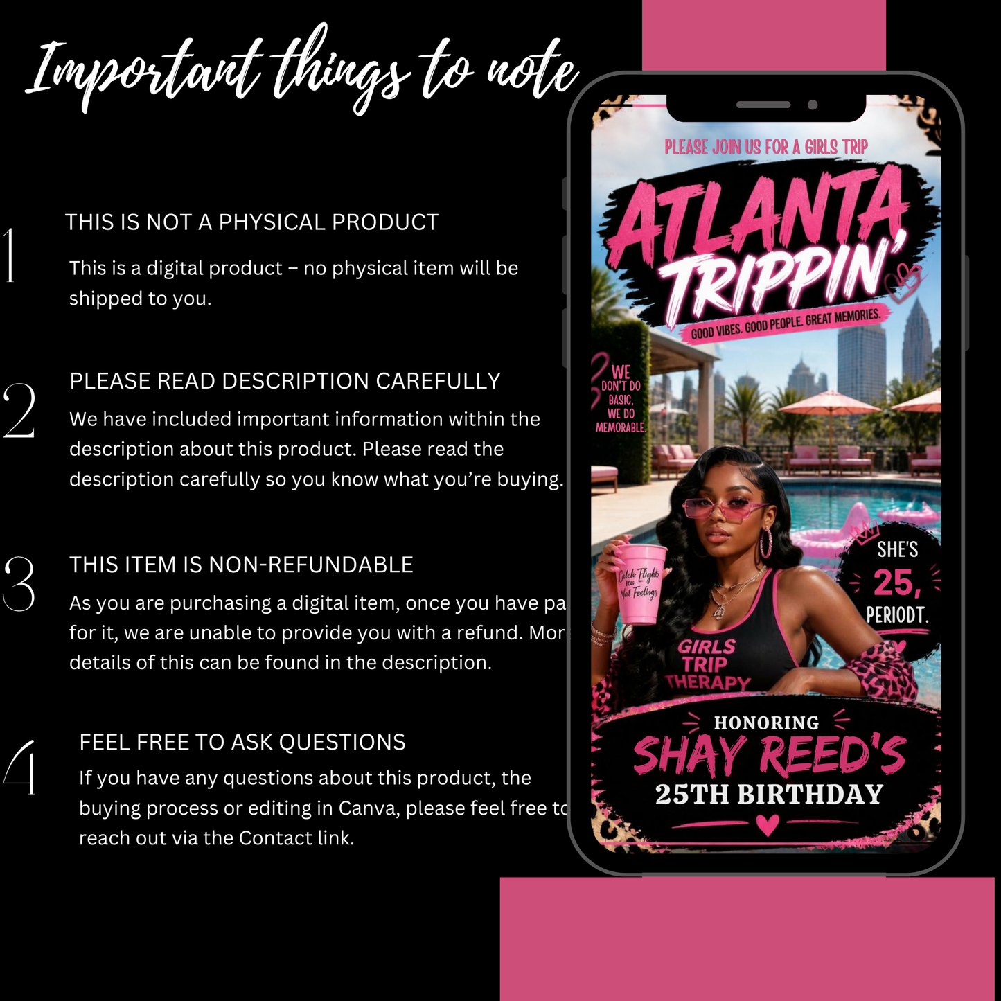 Atlanta Trip Invitation  Itinerary Video Template - Instant Download Canva Birthday Girls Trip Invite