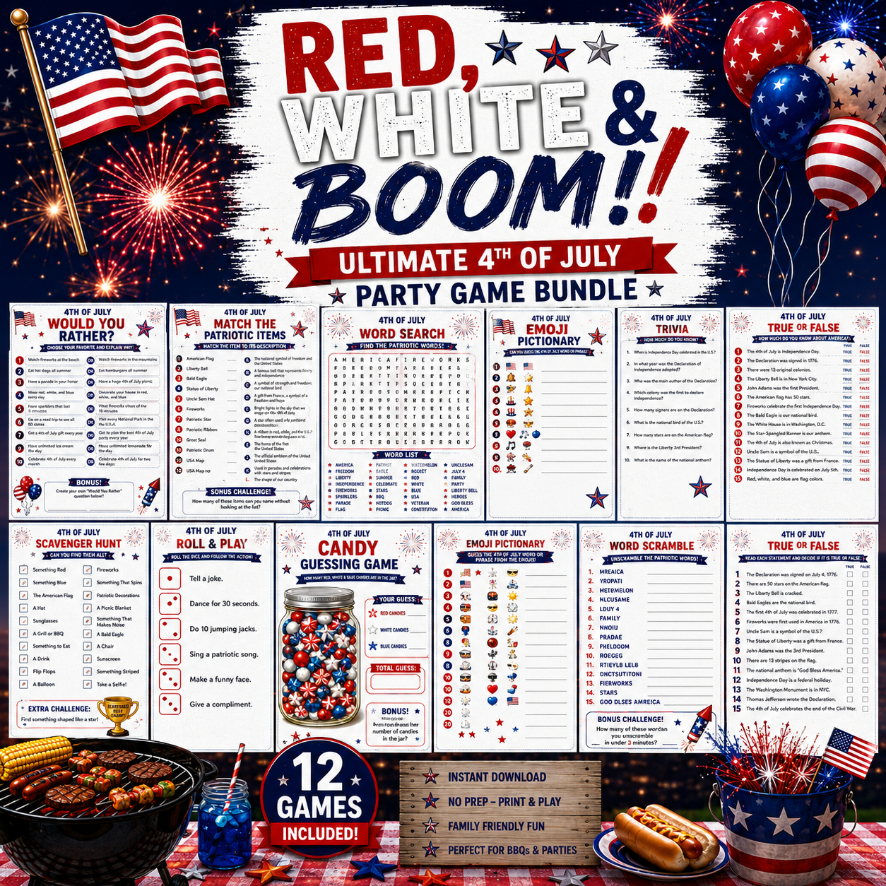 Printable 4th of July Party Games Bundle | Printable Independence Day Games | Instant Download | Family BBQ Activities |Family Reunion