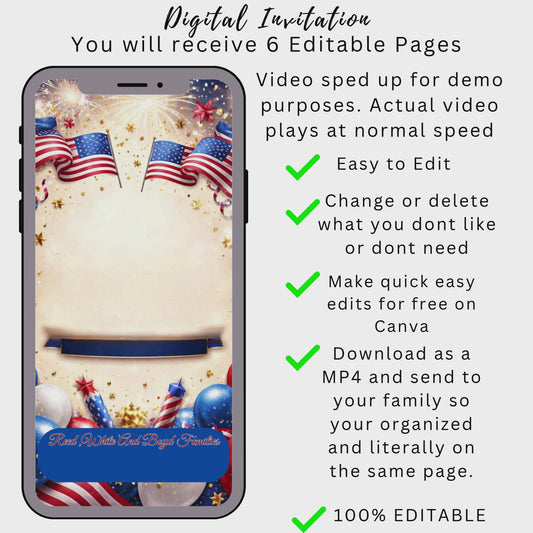 4th of July Family Itinerary Invitation- Instant Download